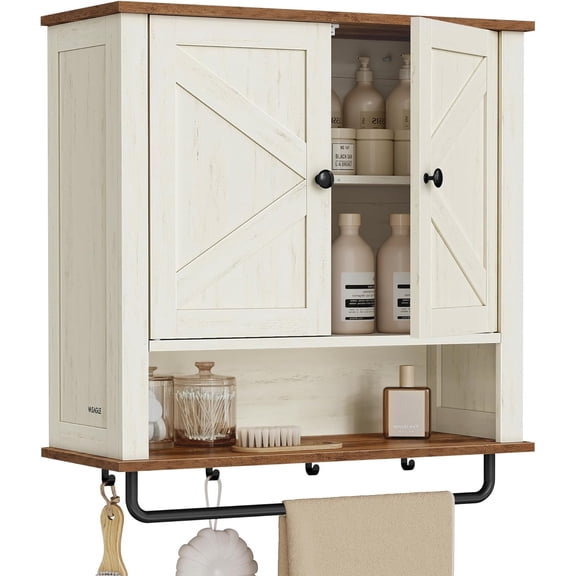 LIRY Collection - Bathroom Wall Cabinet, Farmhouse Wall-Mounted Medicine Storage Cabinet with 2 Barn Doors, Adjustable Shelf, Towel Bar, 7.9 x 23.6 x 28.7 Inches, Rustic White UBBK131W01S