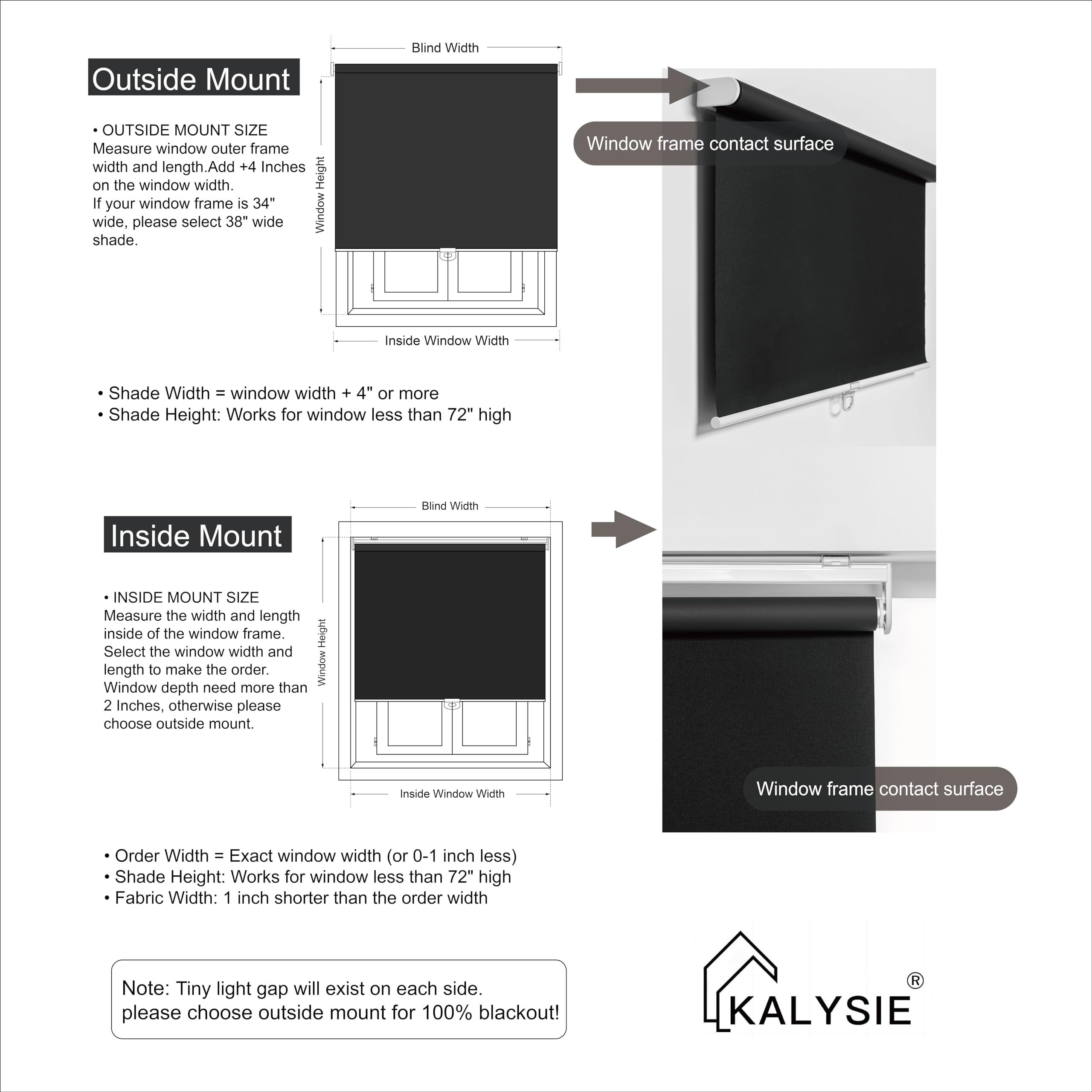 KALYSIE Cordless Roller Shades 100% Blackout Blinds for Windows and Doors, Pull Down Room Darkening Window Shades, Easy to Install for Home and Office, Grey, Fixed 75 Inches High, 35 Inches Width