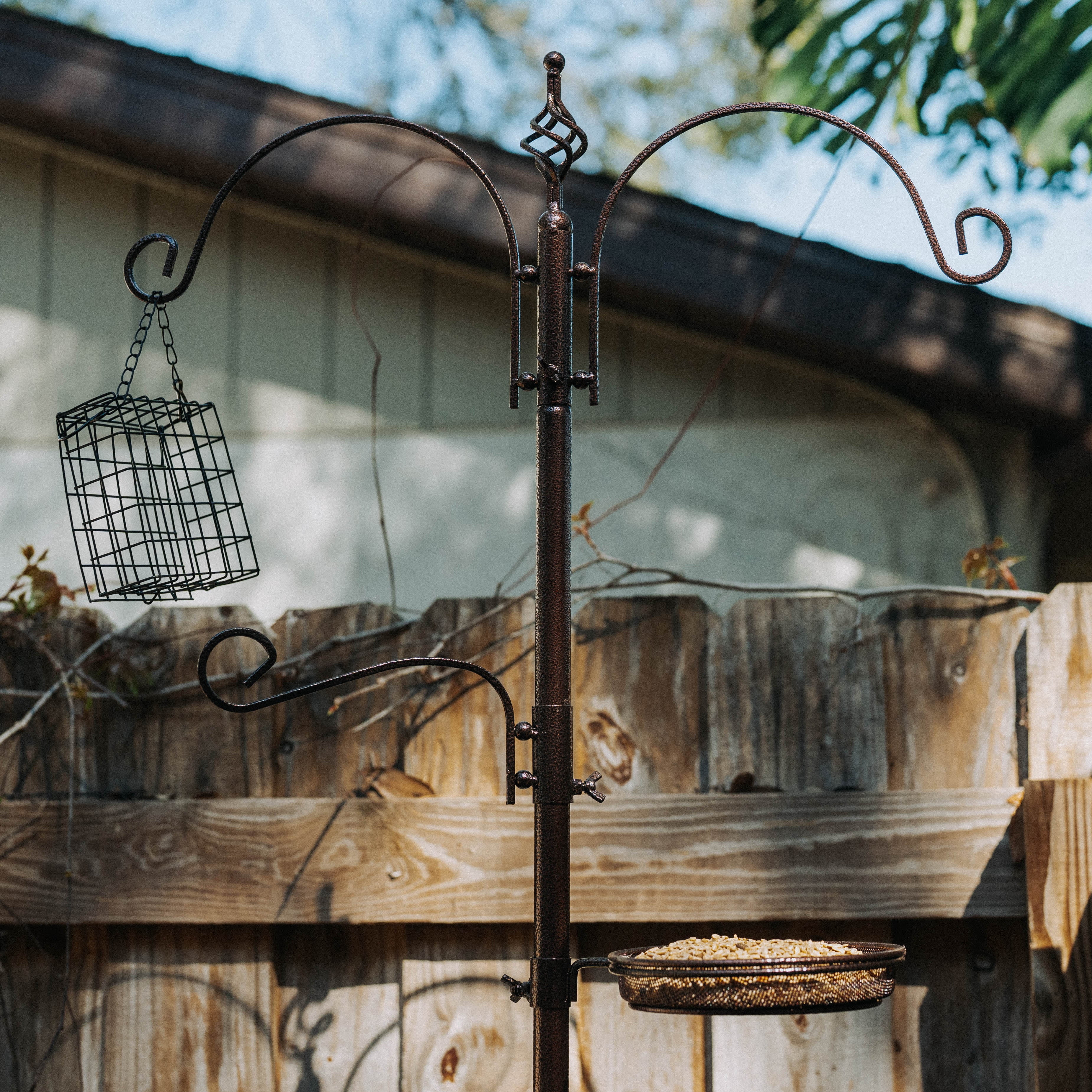 Backyard Expressions Heavy Duty Bird Feeding Station Kit w/Squirrel Baffle - 90" Bird Feeder Pole with 5 Prong Base, Suet Feeder, Mesh Feeding Tray, 4 Feeder Hooks, Water Dish - Black