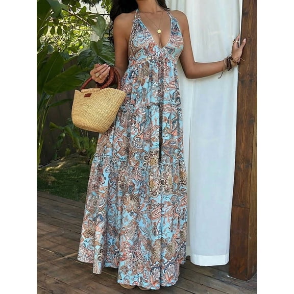 Multicolor Bohemian Paisley Print Halter Neck Maxi Dress With Ruffle Hem And Layered Skirt