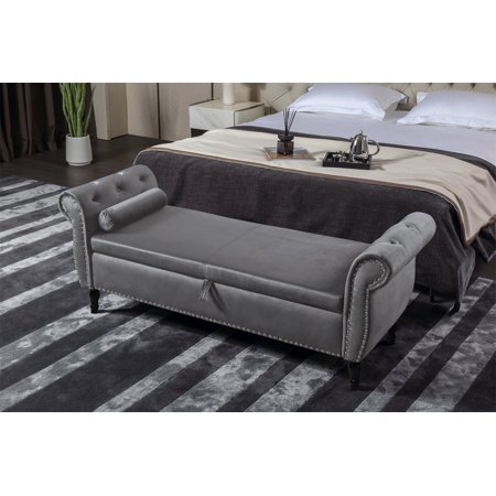 Storage Ottoman Bench  63inch Velvet Upholstered End of Bed Bench with One Pillow and Arms  Modern Accent Foot Stool with Solid Wood Legs for Living Room Bedroom  Gray