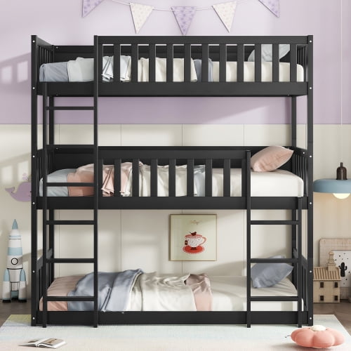 Cama litera de madera de goma triple de tamaño doble, con escaleras, barandillas Cama litera desmontable