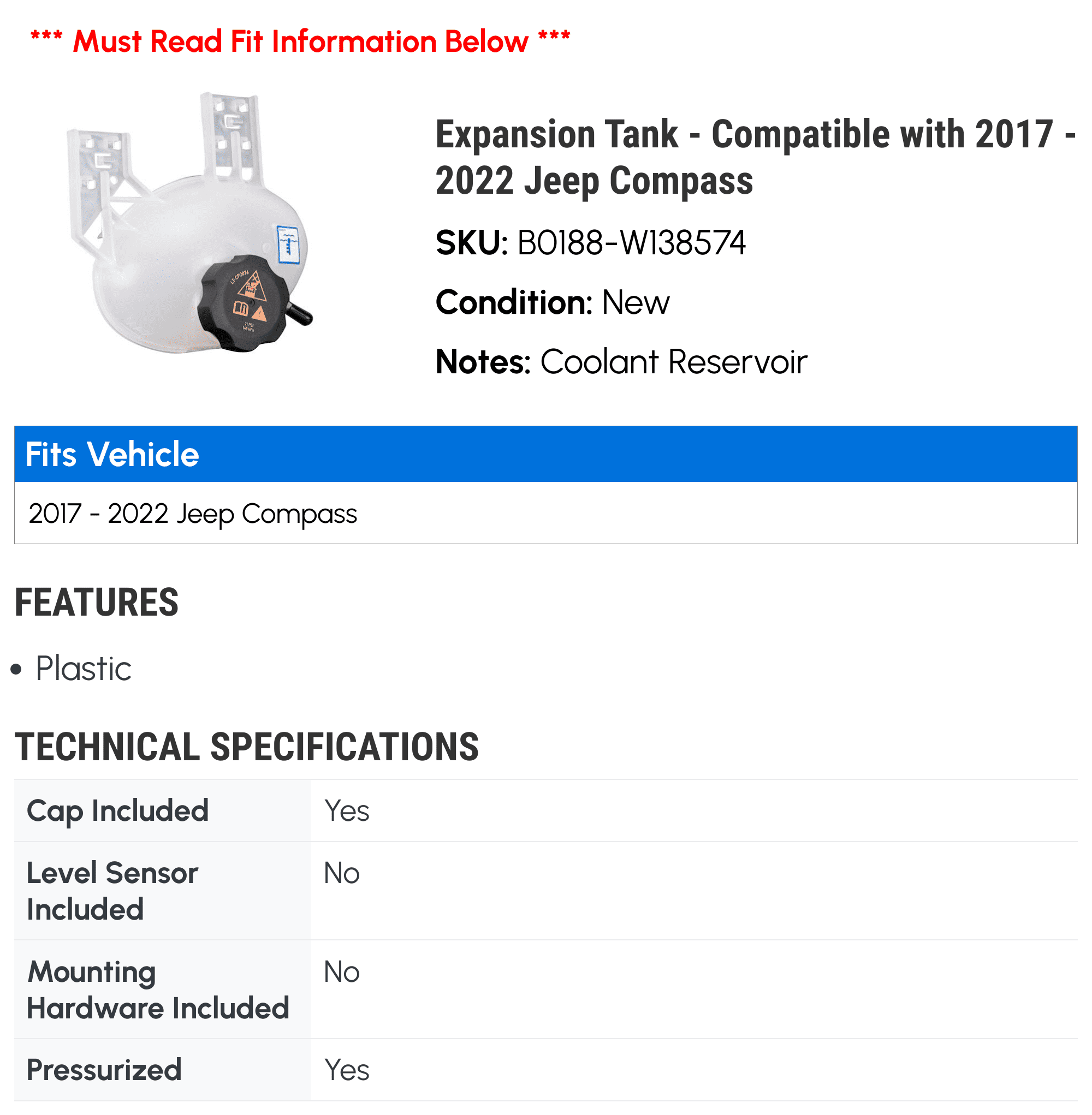 Expansion Tank - Compatible with 2017 - 2022 Jeep Compass 2018 2019 2020 2021