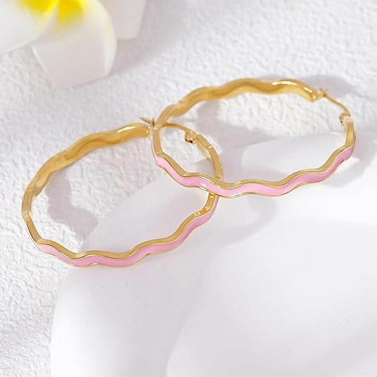 Lsnesstla Chunky Enamel Hoop Earrings for Women 18K Gold Plated Colorful Wave Earrings Jewelry Valentine's Day Gift for Girlfriend Wife