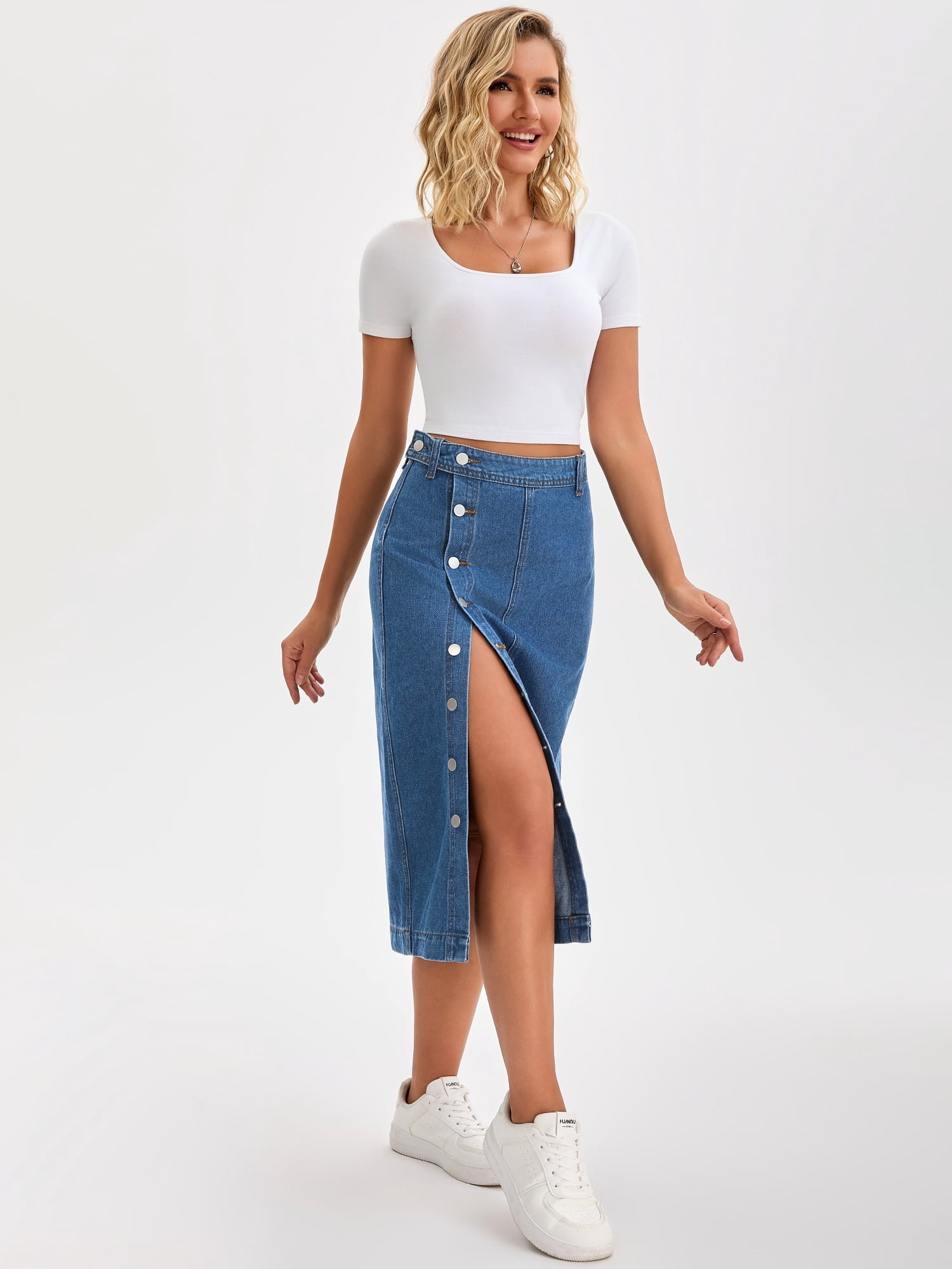 DARING DIVA Women's Denim Midi Skirt Button Up Slit Jean Skirts XX-Large Blue