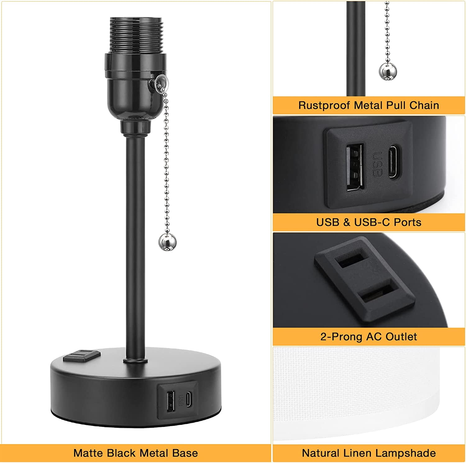 CAALOGT Table Lamp with USB Ports, AC Outlet, 3 Color Temperatures, 14.6 inch Bedroom Lamp