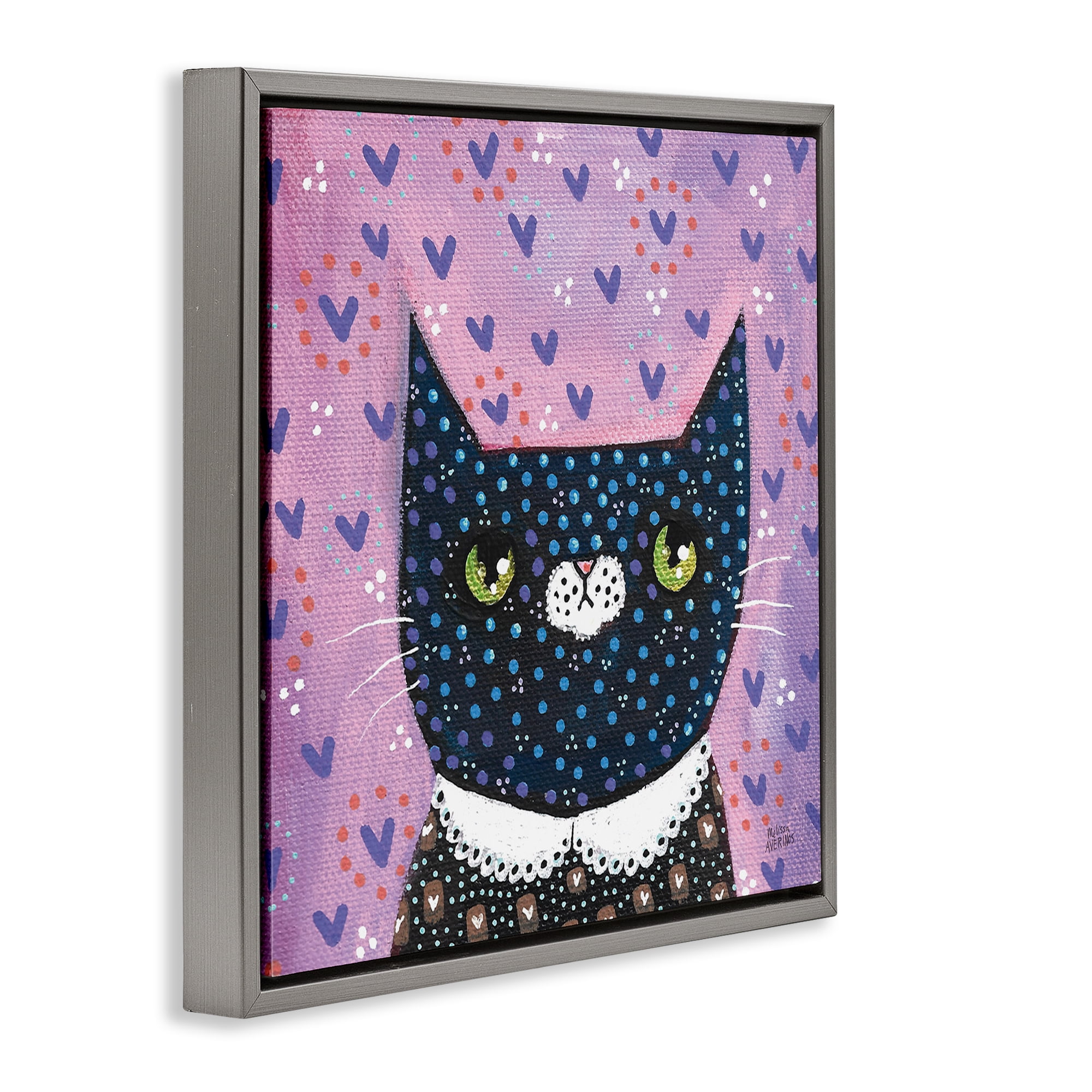 Stupell Industries Whimsical Patterned Cat Animals & Insects Painting Gray Floater Framed Canvas Art Print Wall Art, 25 x 25