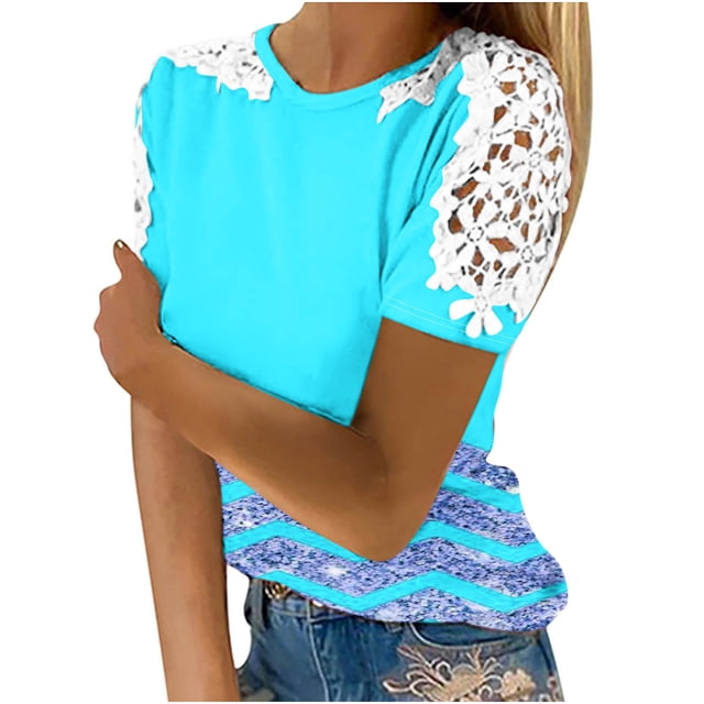 Birdeem Blouses pour Femmes Impression Manches Courtes Col Rond Chandail Dentelle Hauts Chemises Blouse