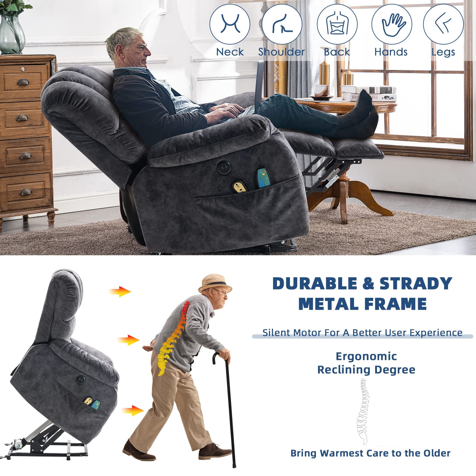 SOCIALCOMFY Large Power Electric Lift Recliner Chair for Elderly Big People, Heated Massage Motorized Reclining Sofa, Wide Fabric Recliners with 2 Remote Controls, Side Pockets & USB Ports, Dark Gray