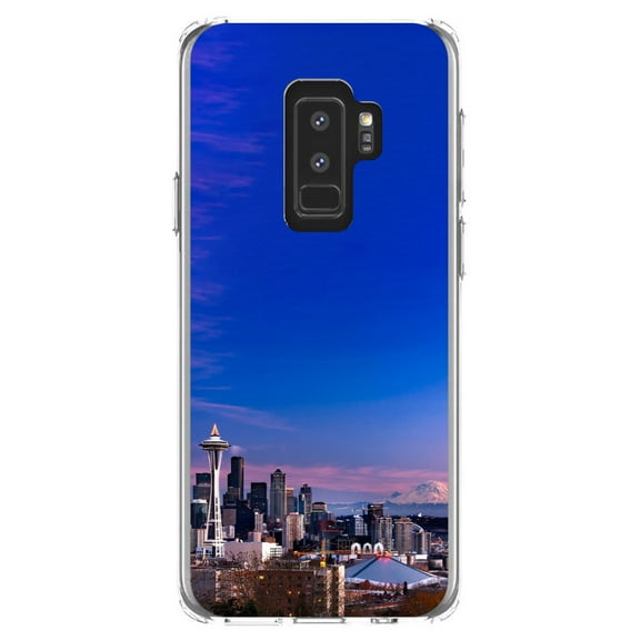 DistinctInk Clear Shockproof Hybrid Case for Samsung Galaxy S9  PLUS (6.2" Screen) - TPU Bumper, Acrylic Back, Tempered Glass Screen Protector - Seattle Skyline Night - Seattle