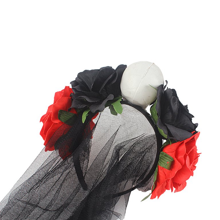 Heread Skull Halloween Headband Veil Black Flower Day and Dead