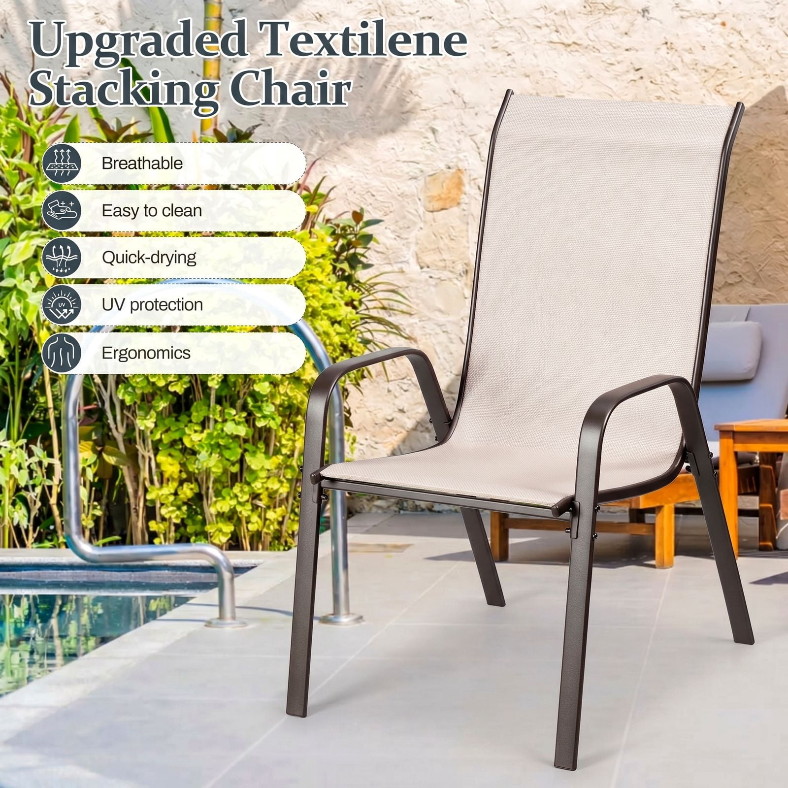 Pirecart 7pcs Patio Dining Set, Outdoor Dining Table with Umbrella Hole & 6 Stackable Textilene Fabric Dining Chairs, All Weather Patio Furniture Set, Beige