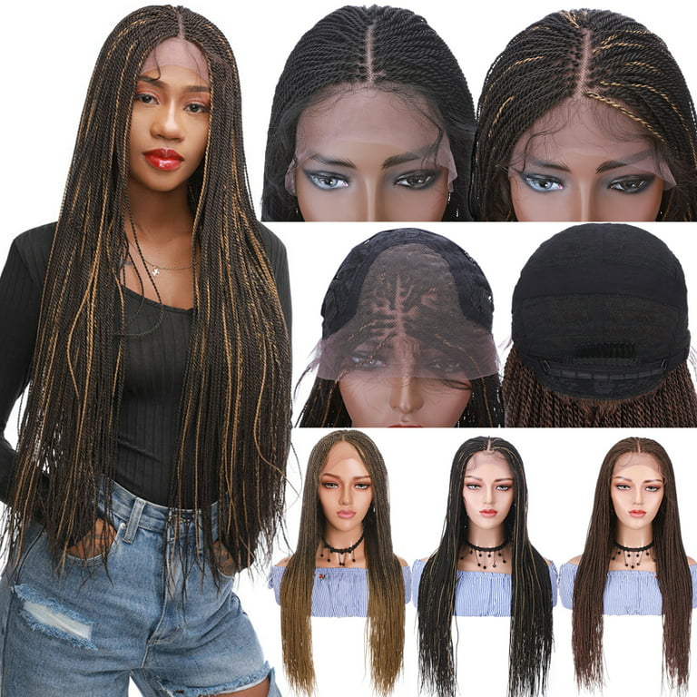 Black Ombre Blue Lace Box Braided Wigs For Women Full Lace Box Braids Wigs  Synthetic Long Lightweight Hair Wigs