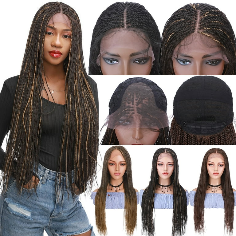 Full Lace Box Braided Wig Synthetic Ombre Brown Long Straight