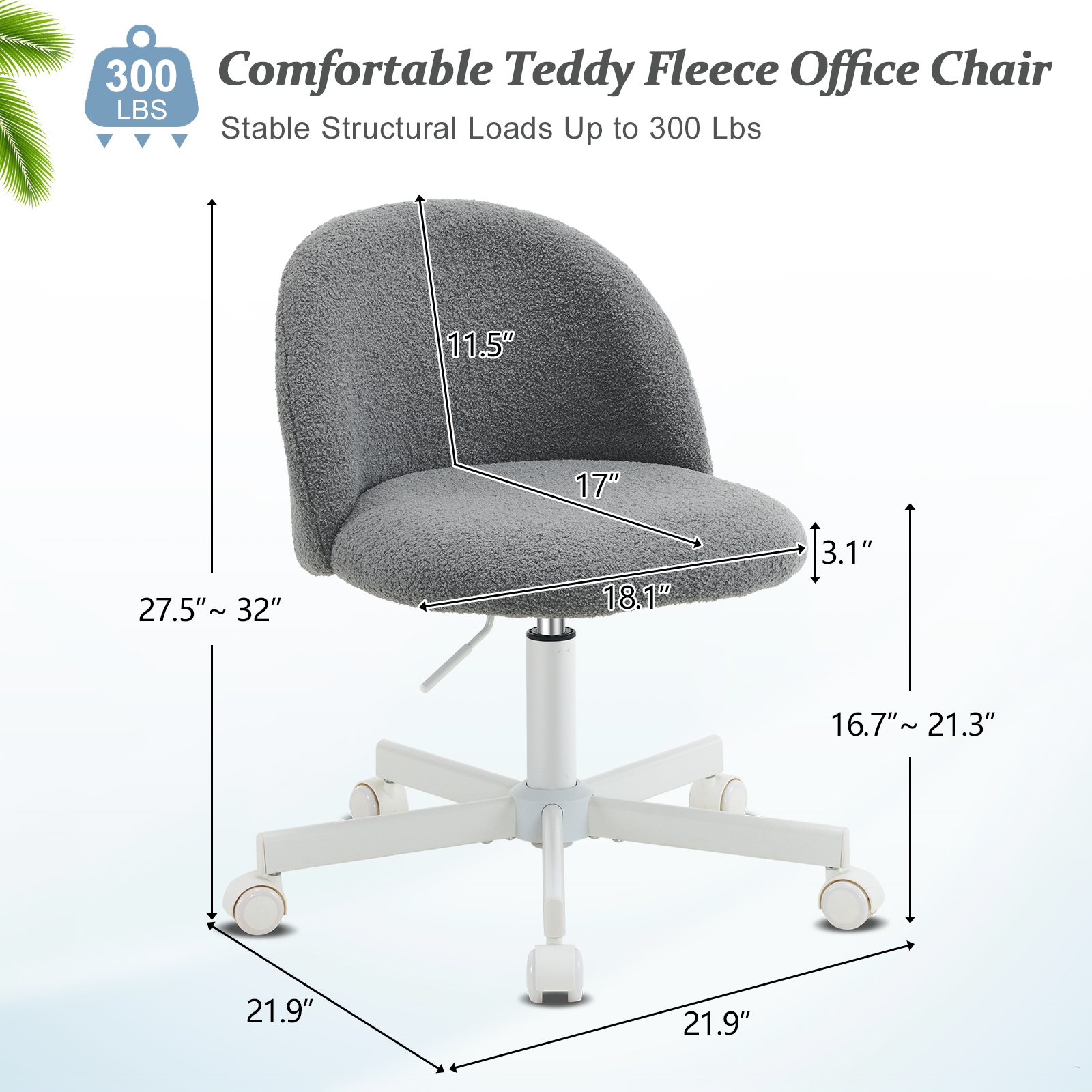 Ktaxon Armless Home Office Desk Chair Cute Mid Back Vanity Stool Teddy Velvet Swivel Task Chairs with Wheels Gray