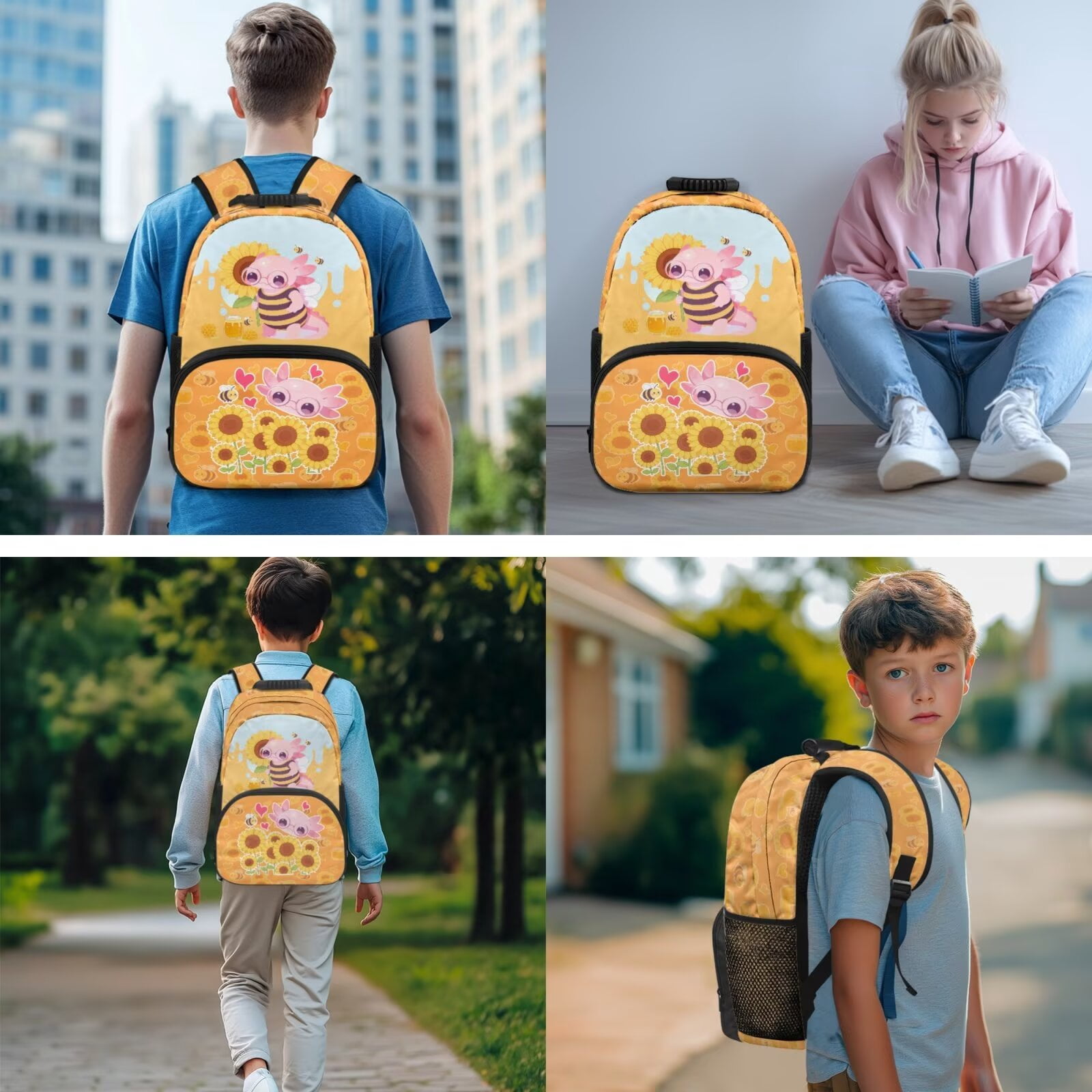 Pzuqiu Sunflower Axolotl Back Pack for School Girls with Lunch Box Pencil Case 2pcs Bookmark 4Pcs Kawaii Picnic Rucksack Lightweight Travel Bag for Teens 8-12 Middle School