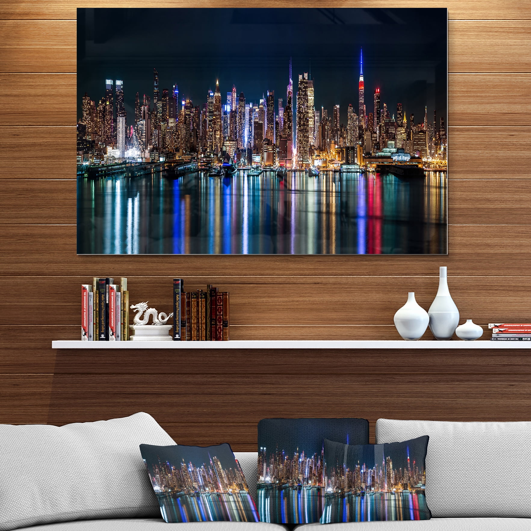 Designart 'New York Midtown Night Panorama ' Extra Large Metal Wall Art