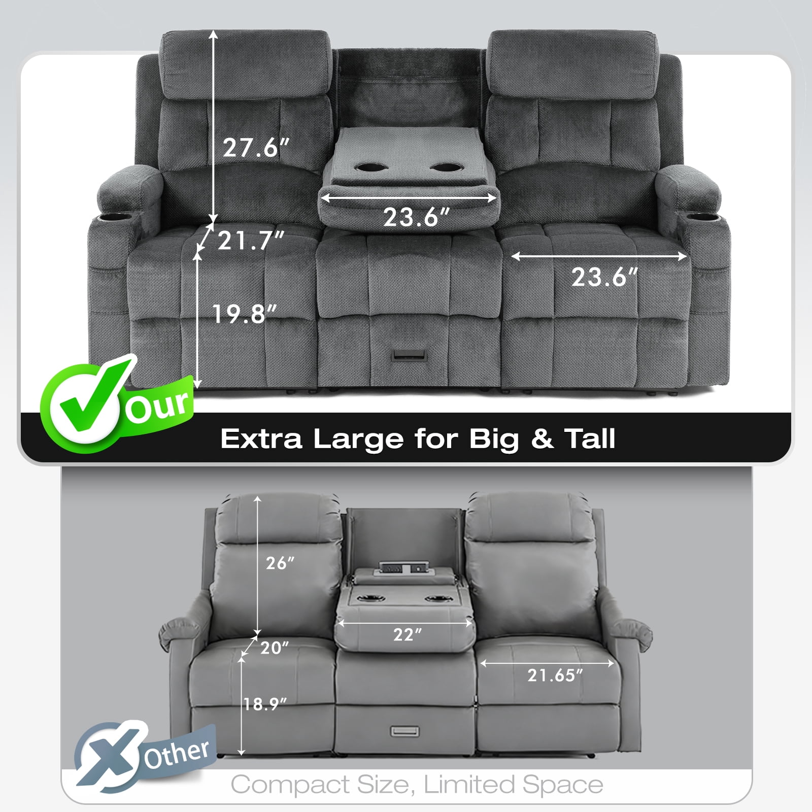 3-Seat Reclining Sofa with Flip Middle Backrest, Manual Loveseat Recliner with Storage Drawer, USB & Type-C Ports, Cup Holders & Phone Holders, Gray