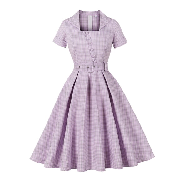 Hduncf Women's Half Sleeves Gingham Dress Fashion Summer Casual Checked Button Collared Necktie Front A Line Dresses Purple XL