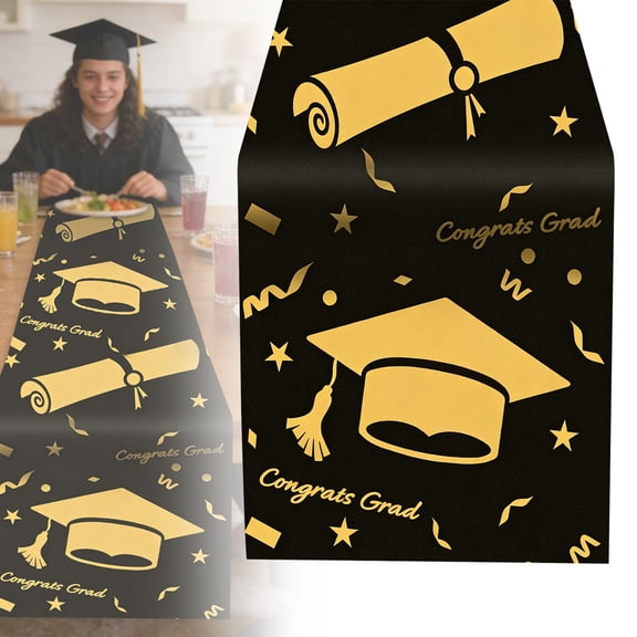 Graduation Season Table Runner (13" x 72"), Congrats Theme Table Decor, Festive Graduation Party Supplies for Dining Tables, Mantels, & Celebration Events,Type A