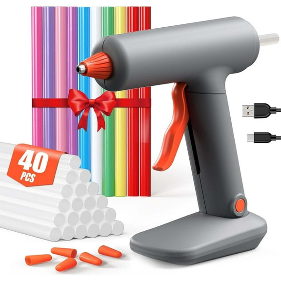 Cordless Hot Glue Gun and Sticks Set, Fast Preheating with 3Ah Built-in Battery, Anti-Drip Nozzle, USB-C Cordless Glue Gun for DIY Arts Crafts Home Repairs (7mm - 30 Clear & 10 Colorful)