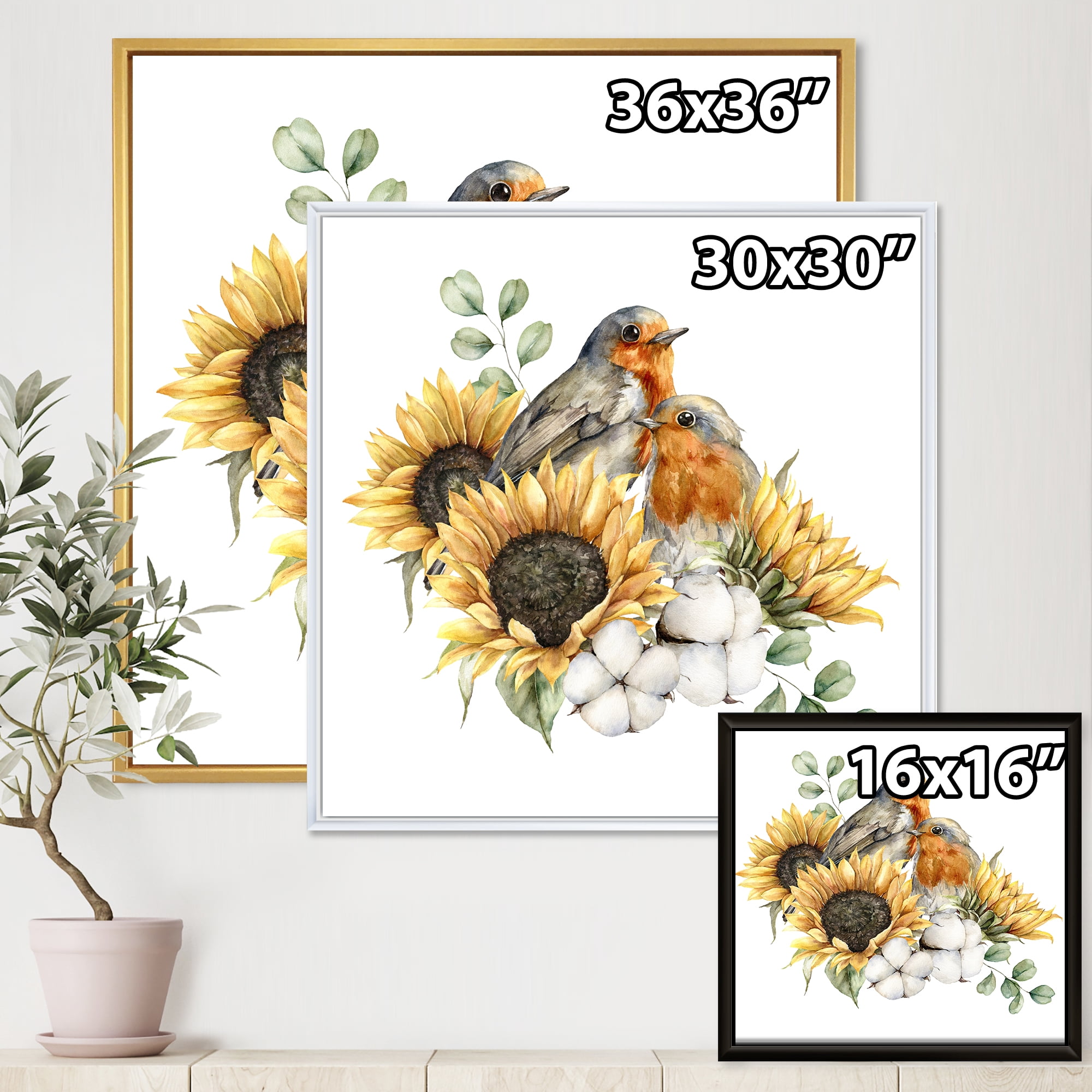 Designart 'Autumn Bouquet With Robin Redbreasts Sunflowers Cotton' Traditional Framed Canvas Wall Art Print