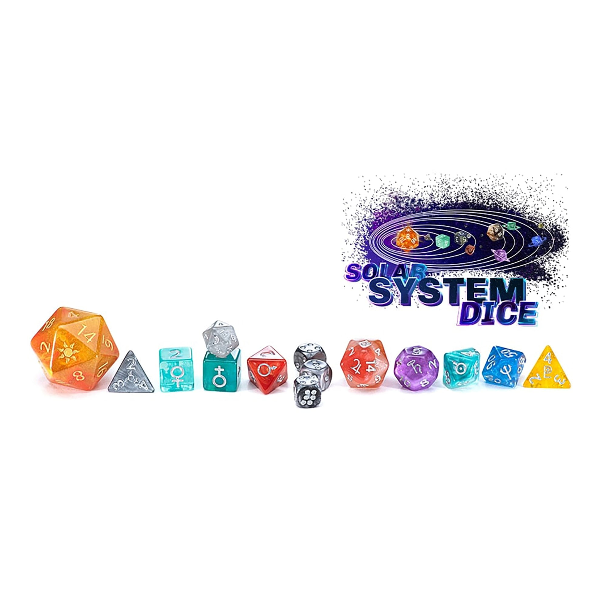 Solar System Dice - 14pc RPG Resin Set, Unique Die For Each Planet Or Solar System Object, Greek-Medieval Astronomy Symbols