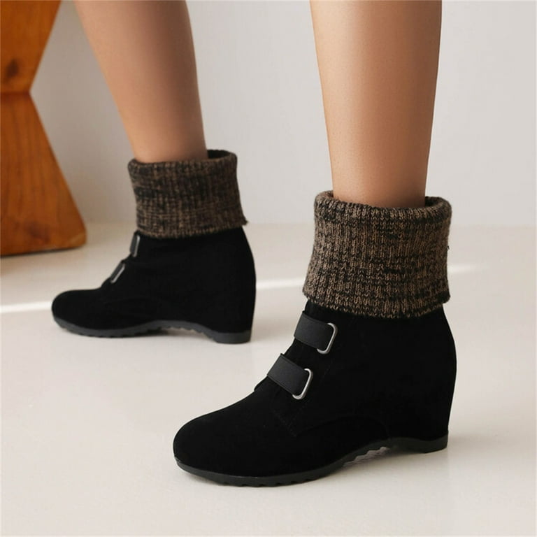 Entyinea Biker Boots Women Comfortable Outdoor Anti Slip Ankle Boots keep Warm Booties Lace Up Flat Platform Shoes Black 38