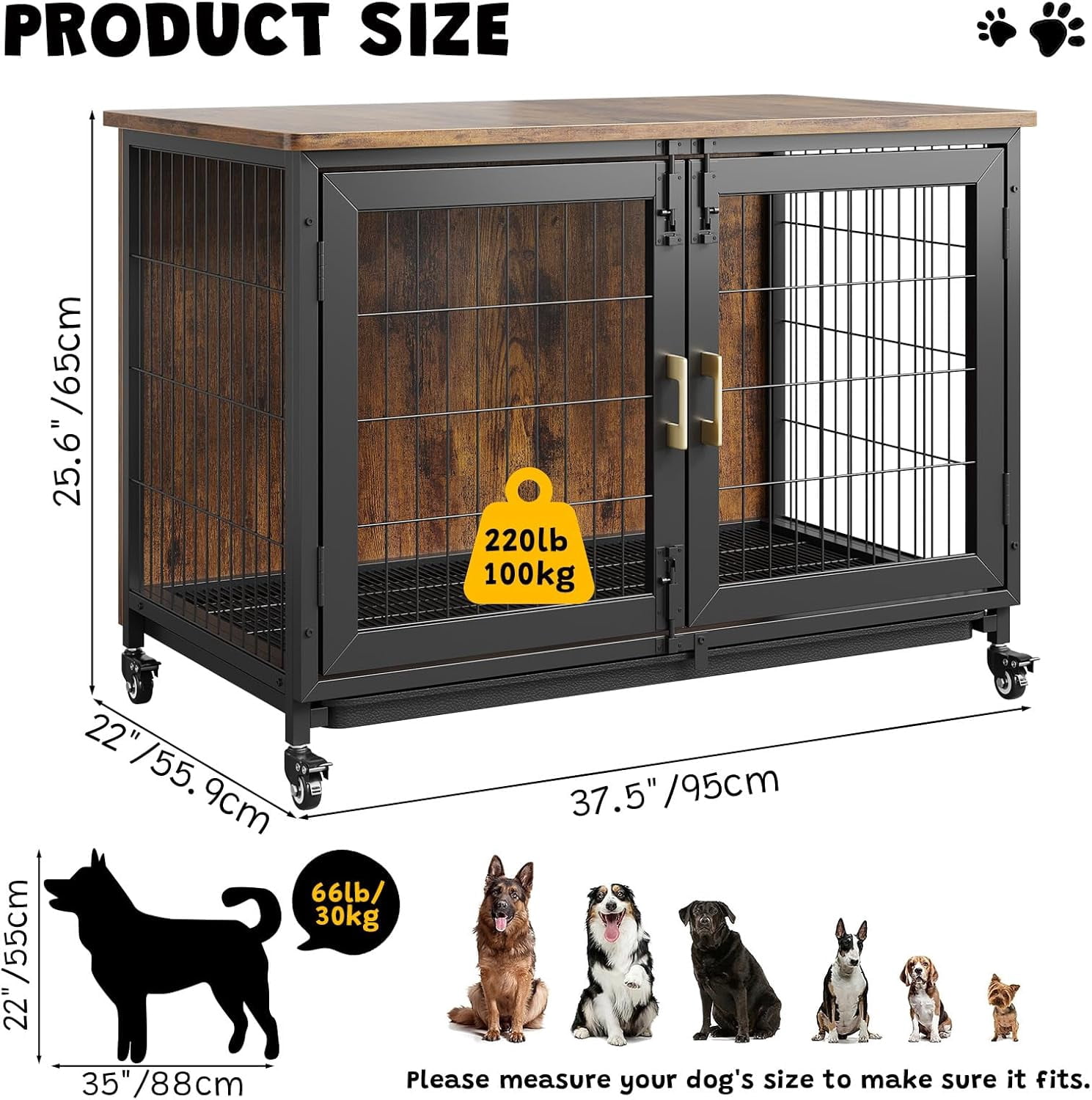 Acekid Heavy Duty Dog Crate - 37.5 Inch Furniture Style Kennel with Wheels & Removable Tray - Lockable Indoor Cage for Large & Medium Dogs - Brown