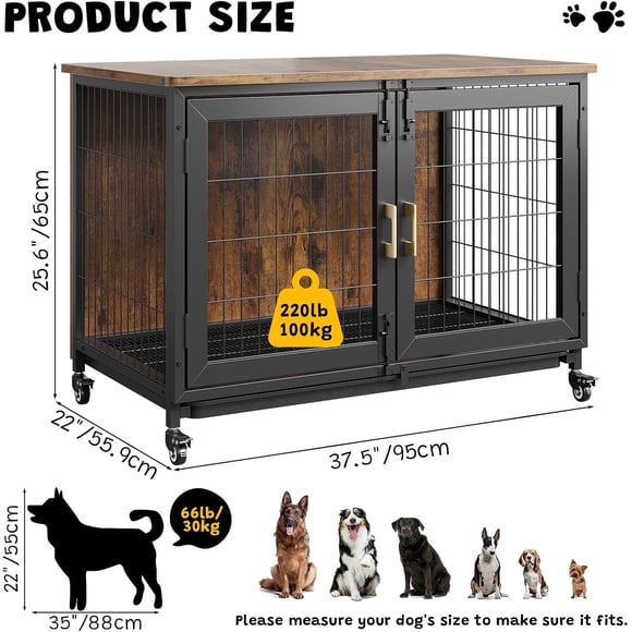 OUYAWEI 37.5in Furniture Style Large Dog Crate Indoor Kennel Wheels Removable Tray Brown for Large Medium Dogs