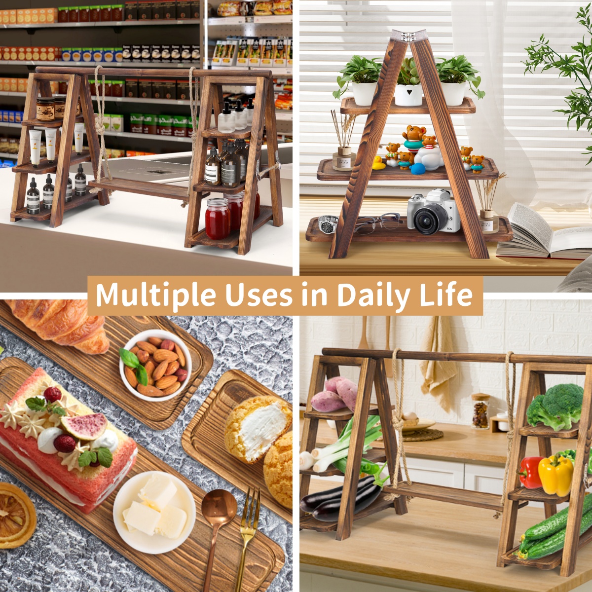 Gomok 3 Tier Serving Tray Wooden Cupcake Stand Rustic Foldable Dessert Table Display Set with Detachable Serving Platters
