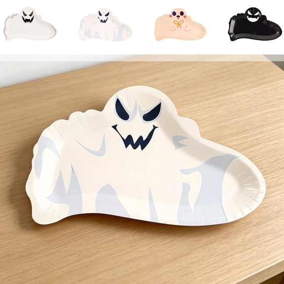 Ouuluon Cute Sturdy Ghost Paper Plates Set of 10, 10x6 in Convenient Disposable Halloween Party Supplies for Candy Cake Snack