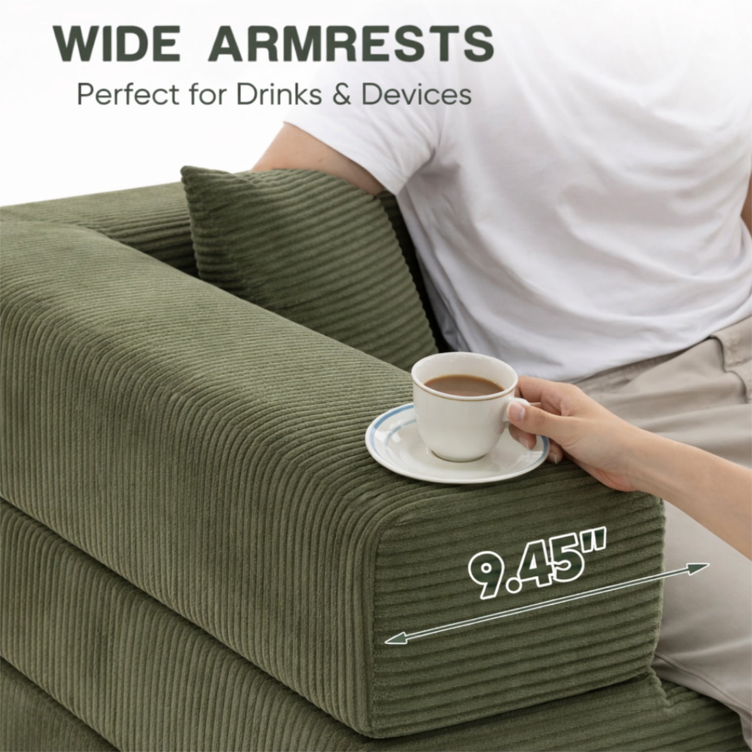 Hommoo Versatile Corduroy Fabric Full Foam Modular Compressed Sofa Couch Bed Sleeper with Multiple Layout Options, Green