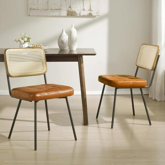 MMZP Rattan Dining Chairs Set of 2 - Mid Century Modern Dining Room Chairs with Rattan Woven Back, Faux Leather Kitchen Chairs with Black Metal Legs, Rubber Wood Frame, Yellow Brown
