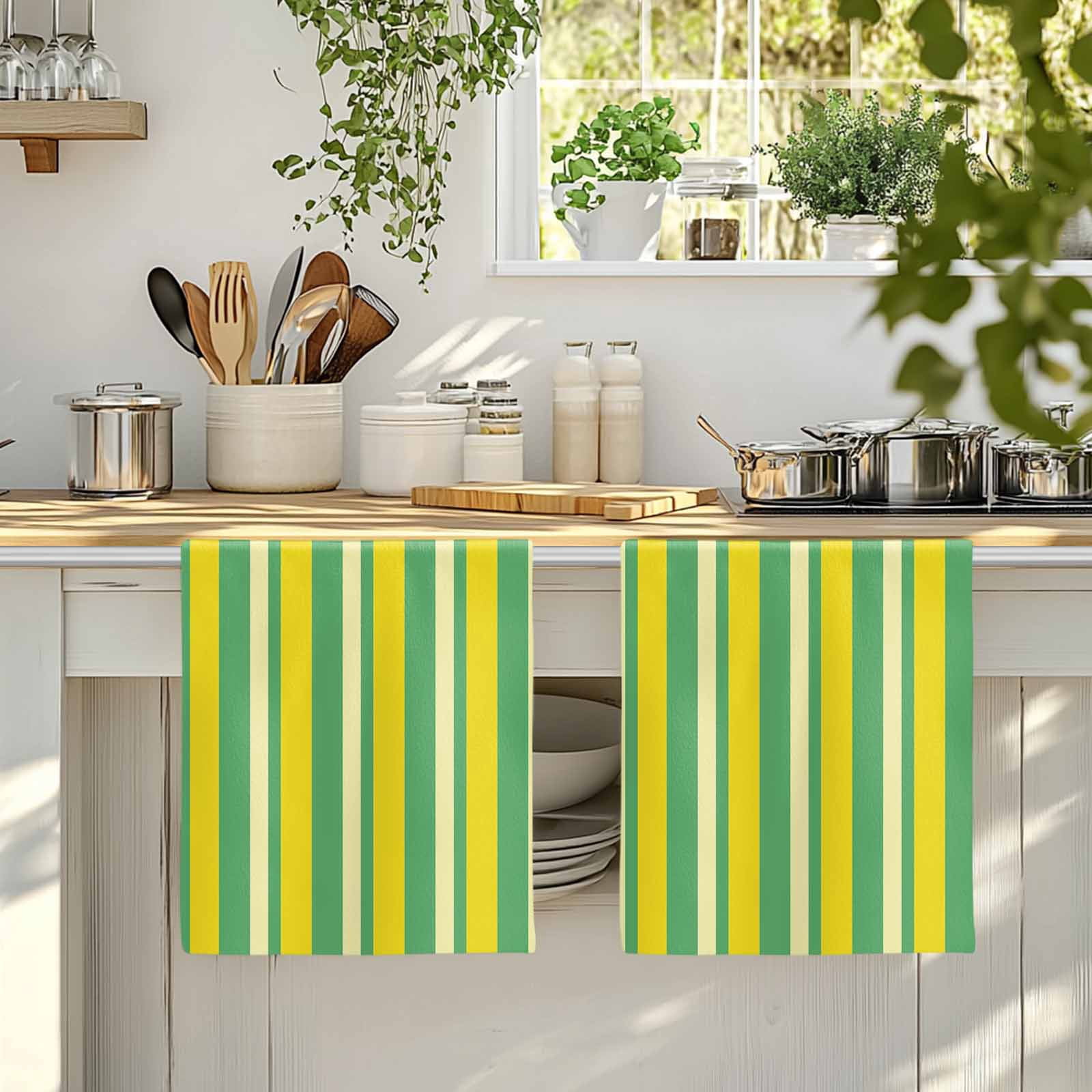 Dish Towels, Lemon Yellow Green Stripes Absorbent Kitchen Towels 2 PCS, Vertical Striped Microfiber Hand Towels Dish Cloths Tea Towels for Home&nbsp;Bathroom Cleaning Drying,18X28-Inch,