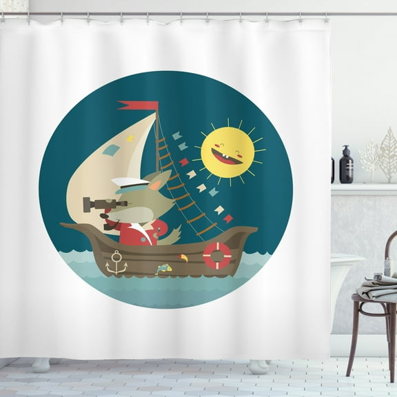 Ambesonne Cartoon Shower Curtain, Wolf Captain Boat, 69"Wx70"L, Multicolor