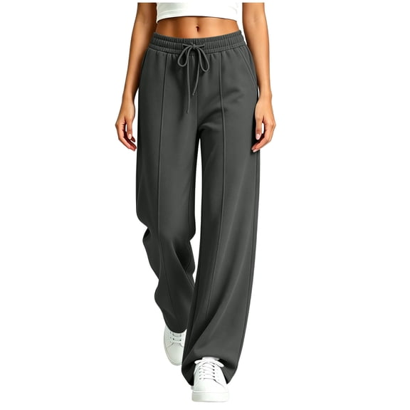 LEAVINGSUO Wide Leg Sweatpants for Women Solid Color Drawstring Elastic Waist Pocket Sports Pants Trousers Dark Gray S