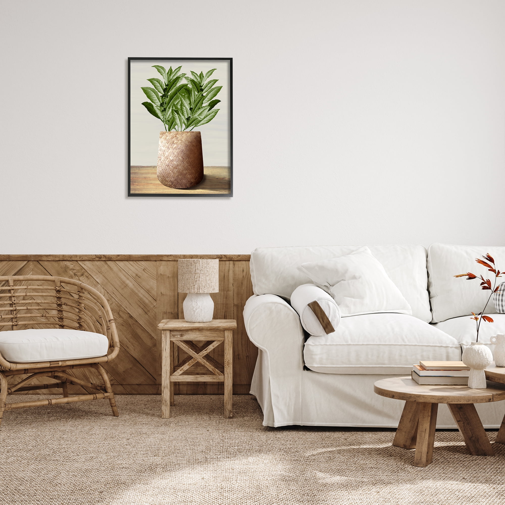 Stupell Industries Greenery in Woven Planter Botanical & Floral Painting Black Framed Art Print Wall Art, 24 x 30