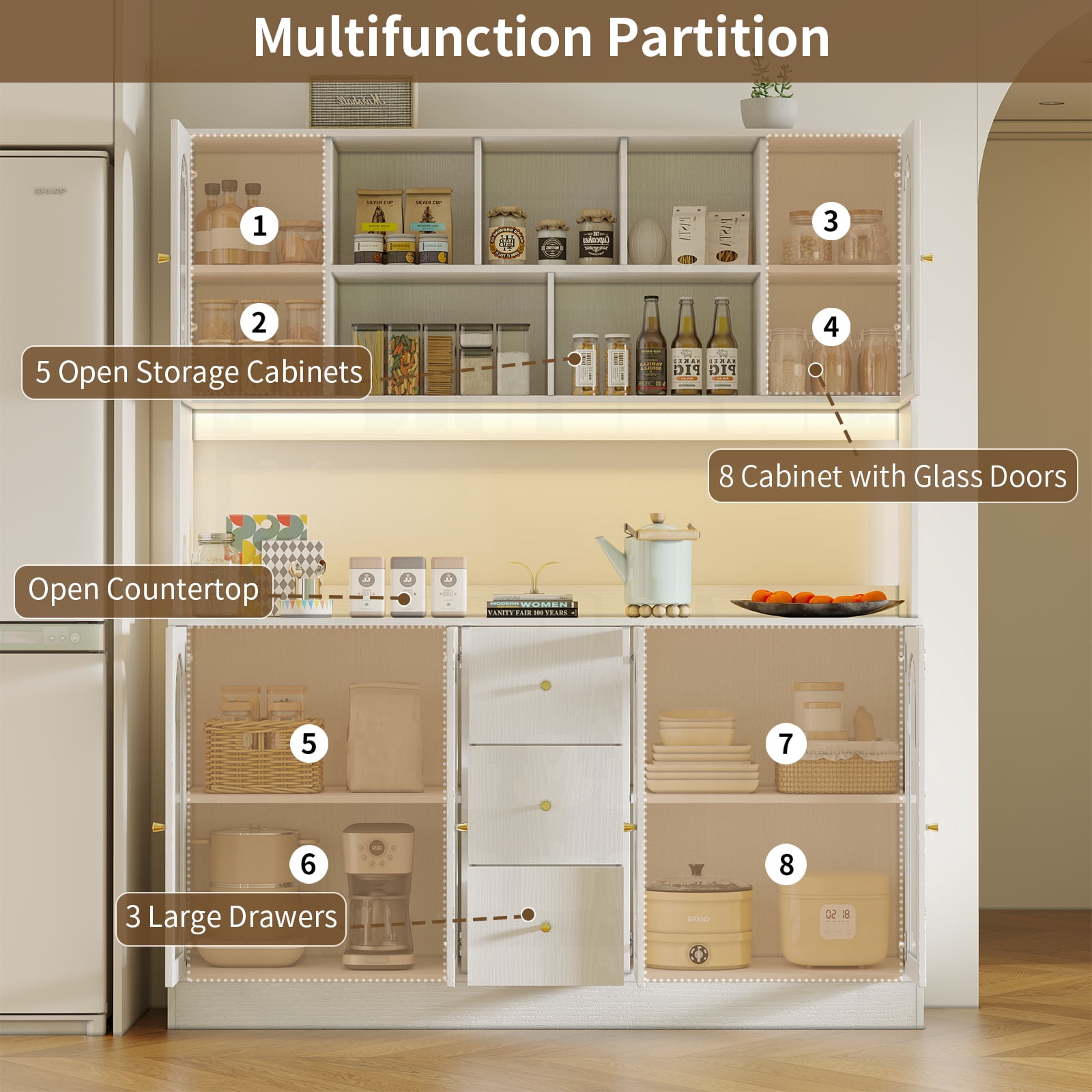 RichYa Kitchen Pantry with RGB LED Light,3 Drawers Hutch Storage Cabinet with Doors & Adjustable Shelves,Cupboard Buffet for Dining Room,White