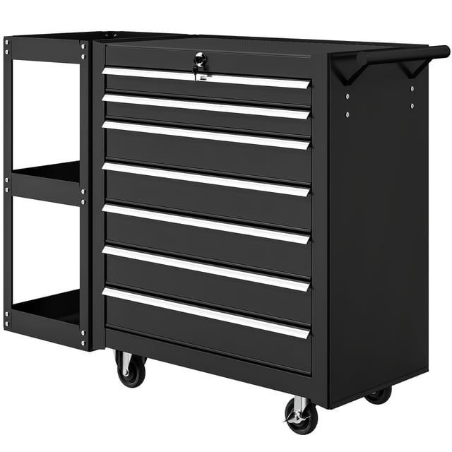 CoSoTower Coffre à Outils Roulant à 7 Tiroirs avec Tablette Latérale Détachable, Armoire à Outils Verrouillable avec Roues, Noir