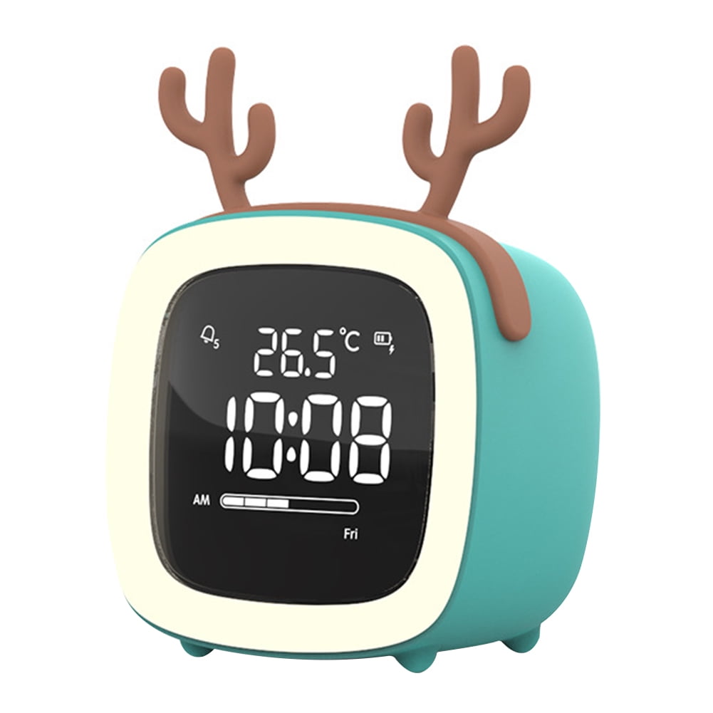 Grofry Cartoon Rabbit Ear Shape Rechargeable Digital Display LED Nigh Light Alarm Clock Blue Two Leaves