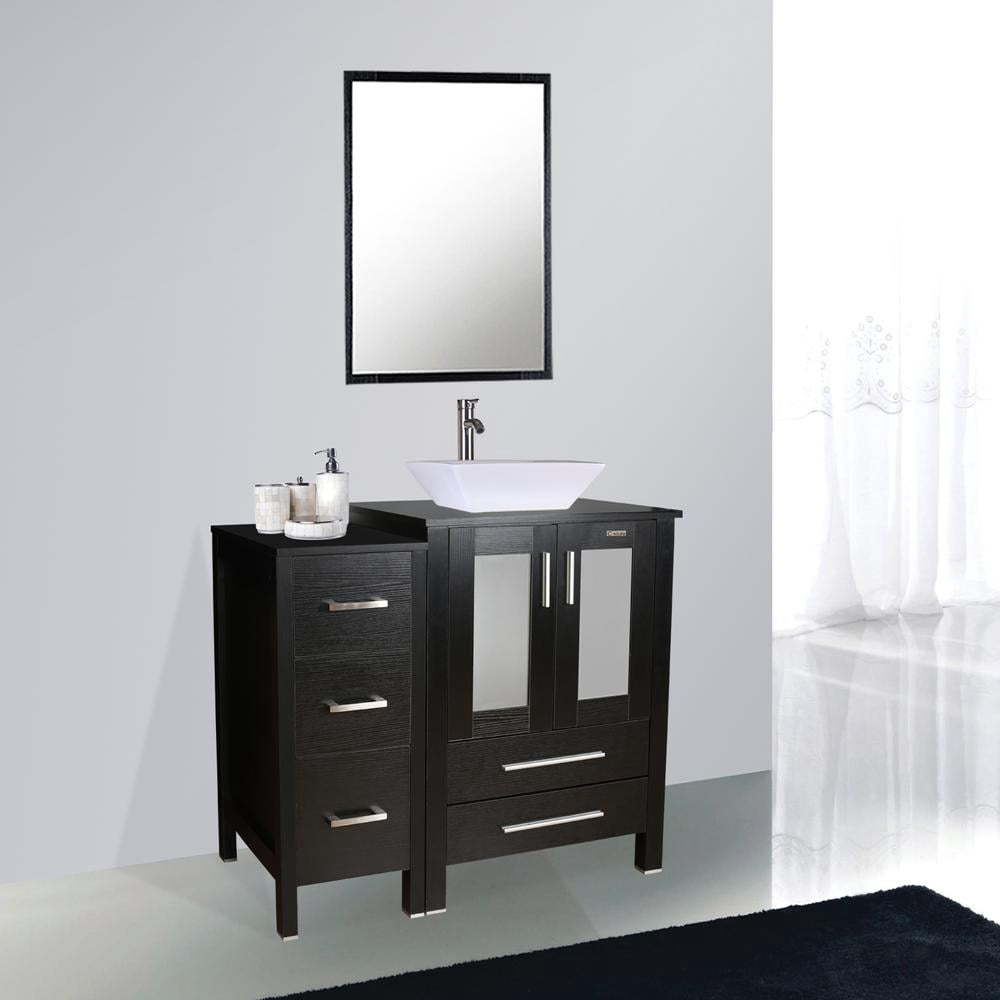 Eclife 36"W x 20"D x 32"H Black Bathroom Vanity Cabinet Sink Combo White Square Tempered Glass Vessel Sink with Side Cabinet with Faucet Drain High Definition Mirror Set