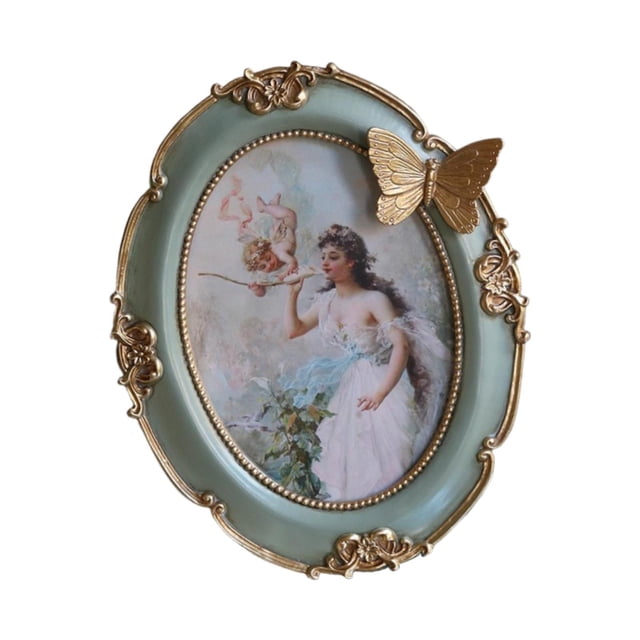 Marco de fotos vintage ovalado de resina con diseño de flores y mariposas para escritorio Verde