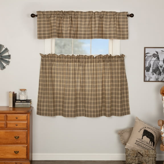 VHC Brands Sawyer Mill Charcoal 3 PC Plaid Curtain Set (1 Valance 16x72 and 2 Tier 36x36)