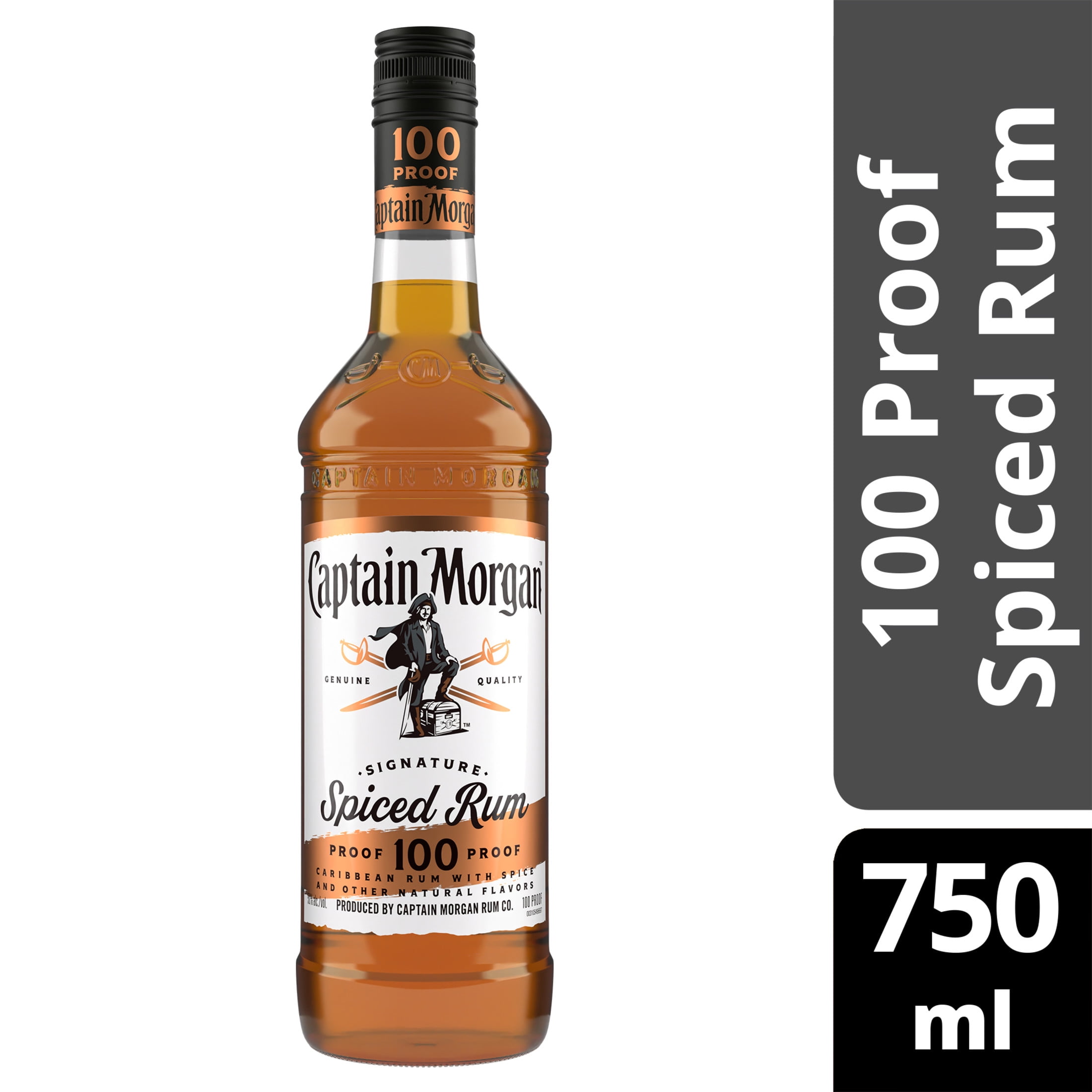 Captain Morgan 100 Proof Spiced Rum, 750 ml Glass Bottle, 50% ABV 