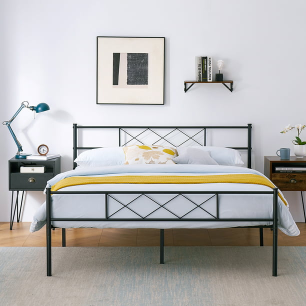 Vecelo Queen Size Metal Platform Bed, Box Spring And Headboard Full Length