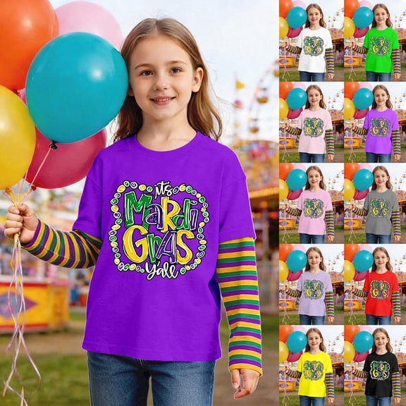 Girls Clothes Size 7 Girls Shirts Long Sleeve Unisex Kids False Two Piece Tee, Festive Casual Holiday Pullover For Boys Girls Ages 2-12 First Day Of School