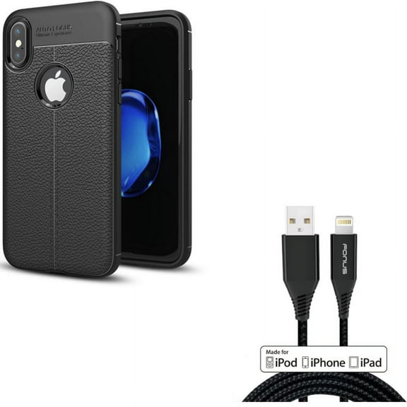 6ft MFi USB Cable w Case for iPhone XS/X - Certified Charger Cord Power Wire Braided, PU Leather Slim Fit Cover Reinforced Bumper Shock Absorbent for iPhone XS/X