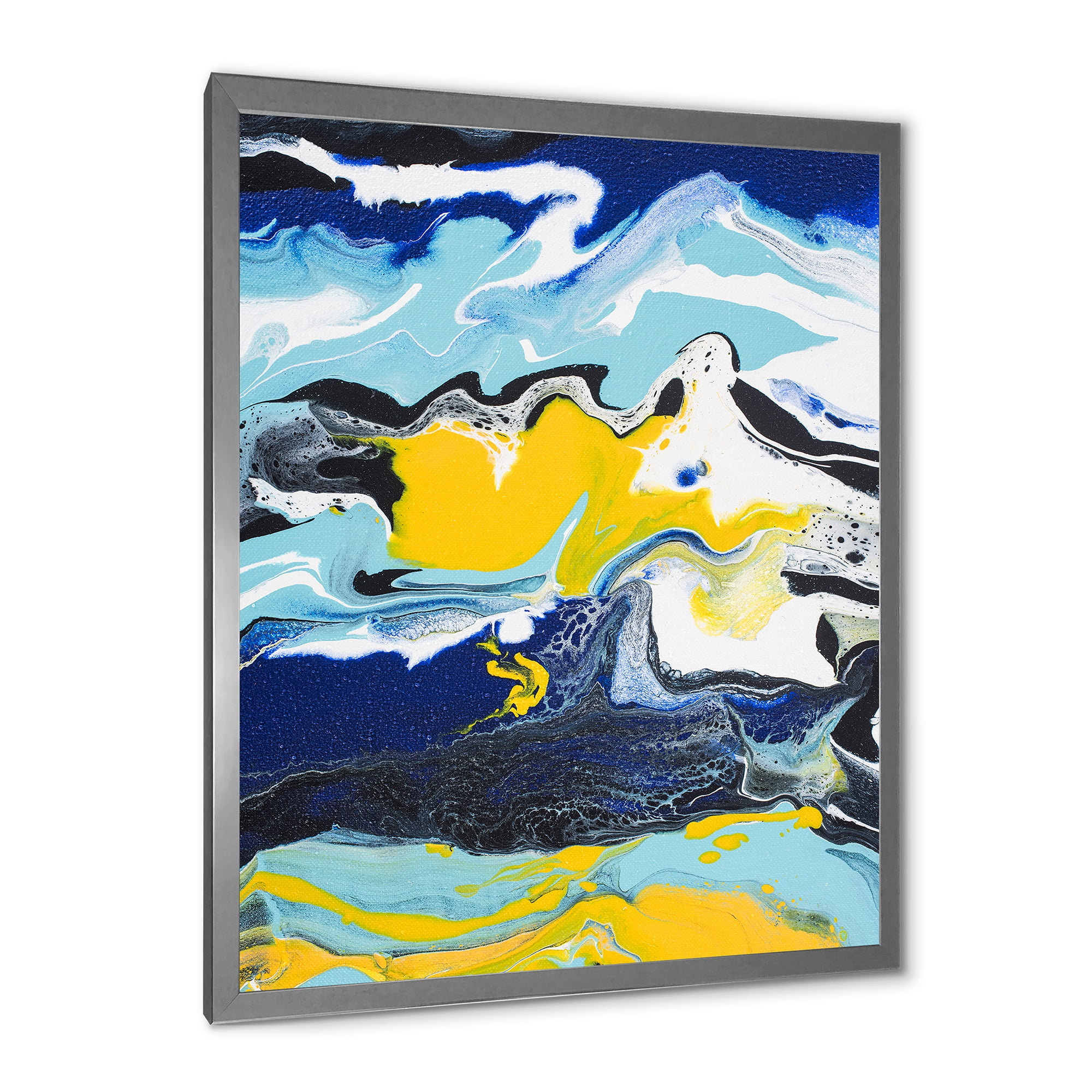 Designart 'Abstract Marble Composition In Blue and Yellow II' Modern Framed Art Print