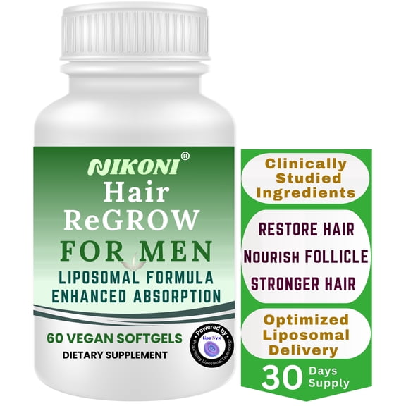 Nikoni Liposomal Hair Regrow Formula for Men with Biotin Keratin Saw Palmetto Essential Nutrients Gluten-Free 60 Count Vegan Softgels